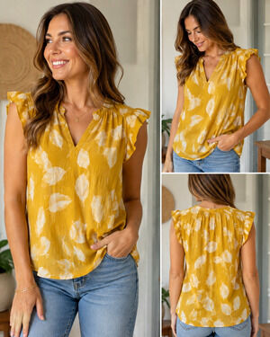 A New Day Women’s Small Mustard Yellow White Leaf Print Ruffle Sleeve Blouse NWT